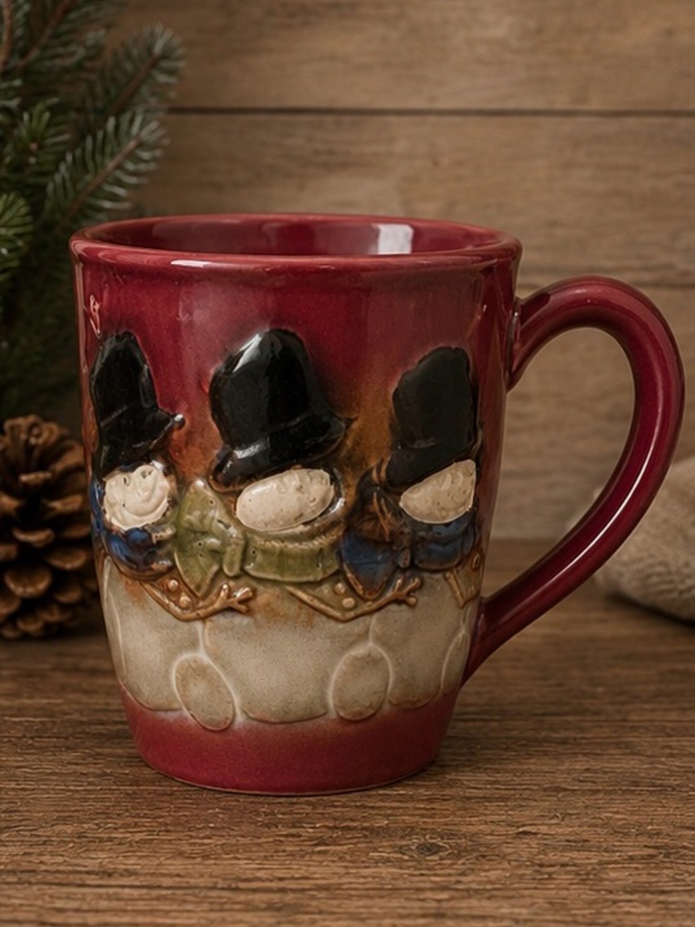 Snowman Coffee Mug Embossed 3D Winter Figures Red Glaze Holiday Pottery